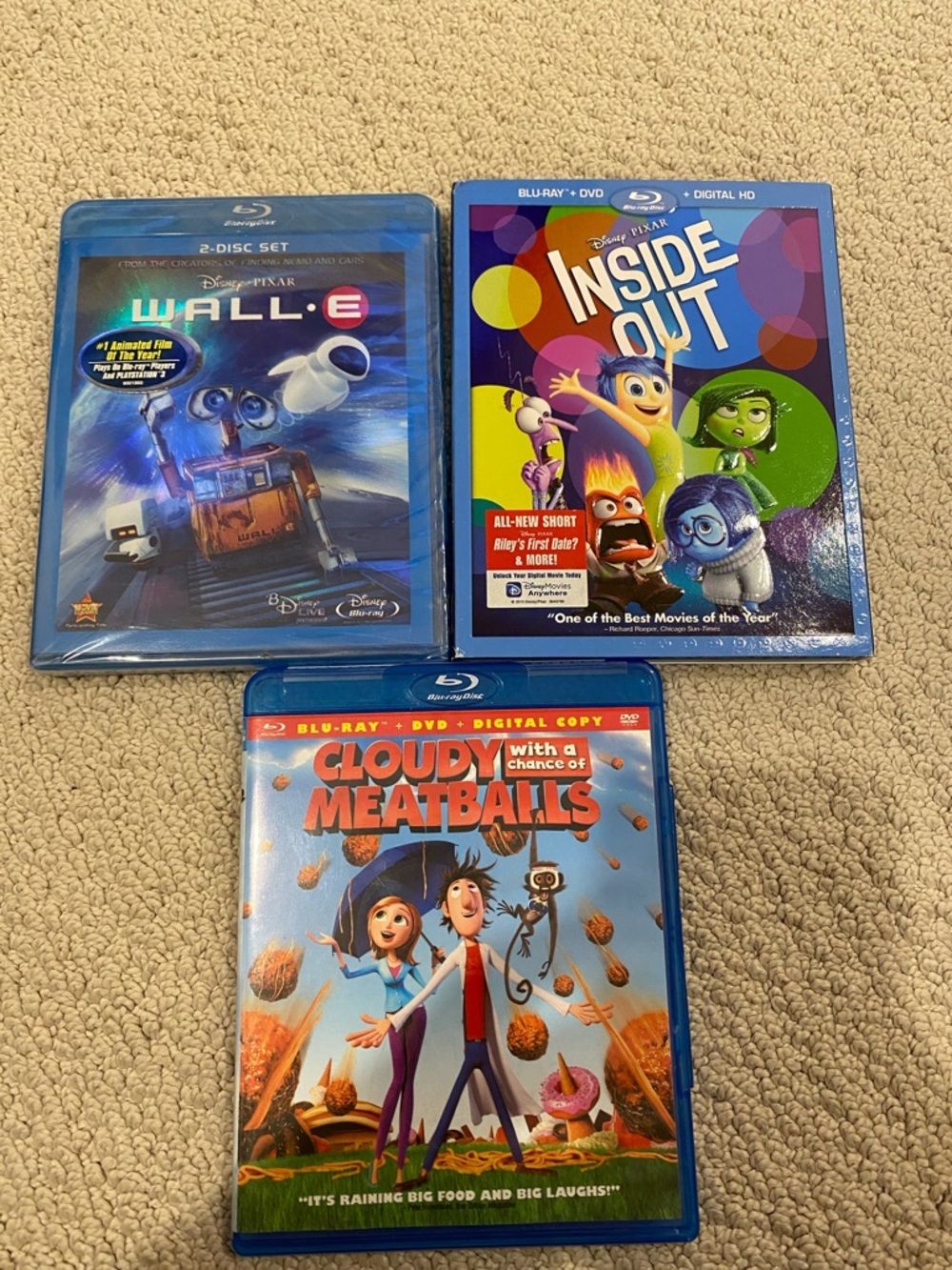 Three Blu-ray Movies Inside Out Wall E Cloudy with a Chance of Meatballs